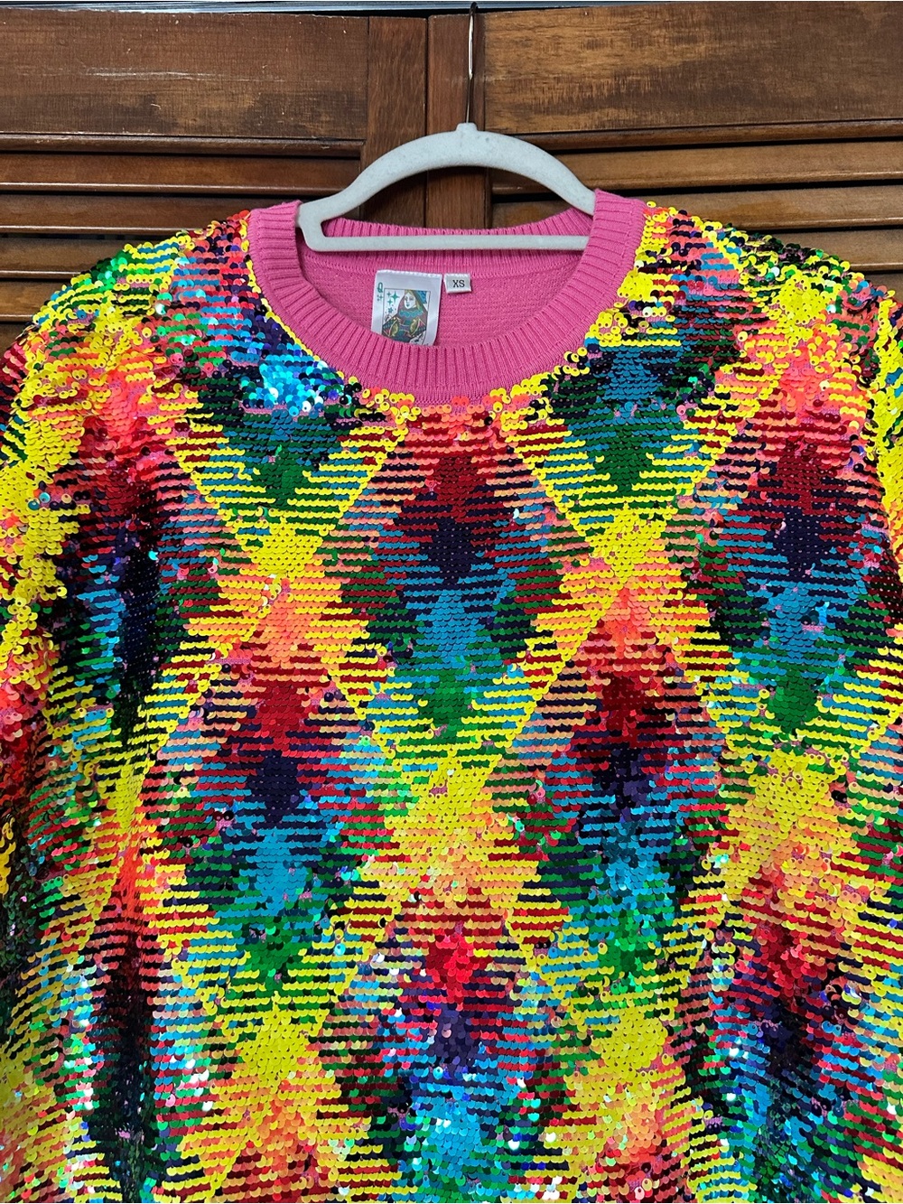 QUEEN OF SPARKLES Multicolor Sequin Mini Dress with Pink Trim size xs. - Picture 2 of 6
